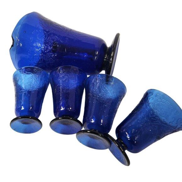 Vintage Cobalt Blue Glass Pitcher Set Florentine 2 Upper Deck 5 Piece Taiwan Emb - Picture 6 of 16